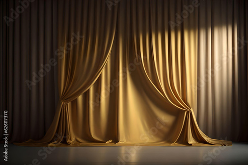 Curtain with gold drapery. AI Generated.
