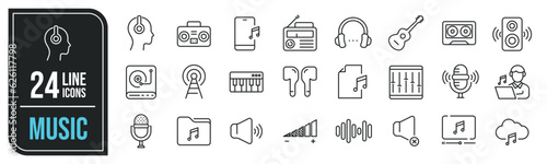 Music simple minimal thin line icons. Related music box, microphone, guitar, music file. Editable stroke. Vector illustration.