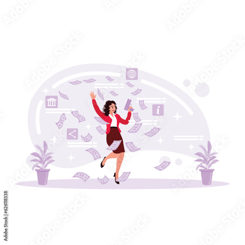 Excited woman shooting business dollar gun getting a win. Waste of money by humans. Trend Modern vector flat illustration
