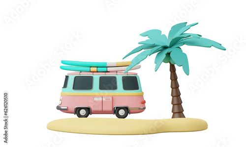 Summer elements 3d icon clipart island isolated on white background, Minimal Realistic objects for mock-up with summer theme, beach umbrella, sand, inflatable ring, vacation time to travel. © TANATPON