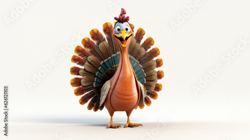 3D Cartoon Thanksgiving Turkey on a White Background, Generative AI photo
