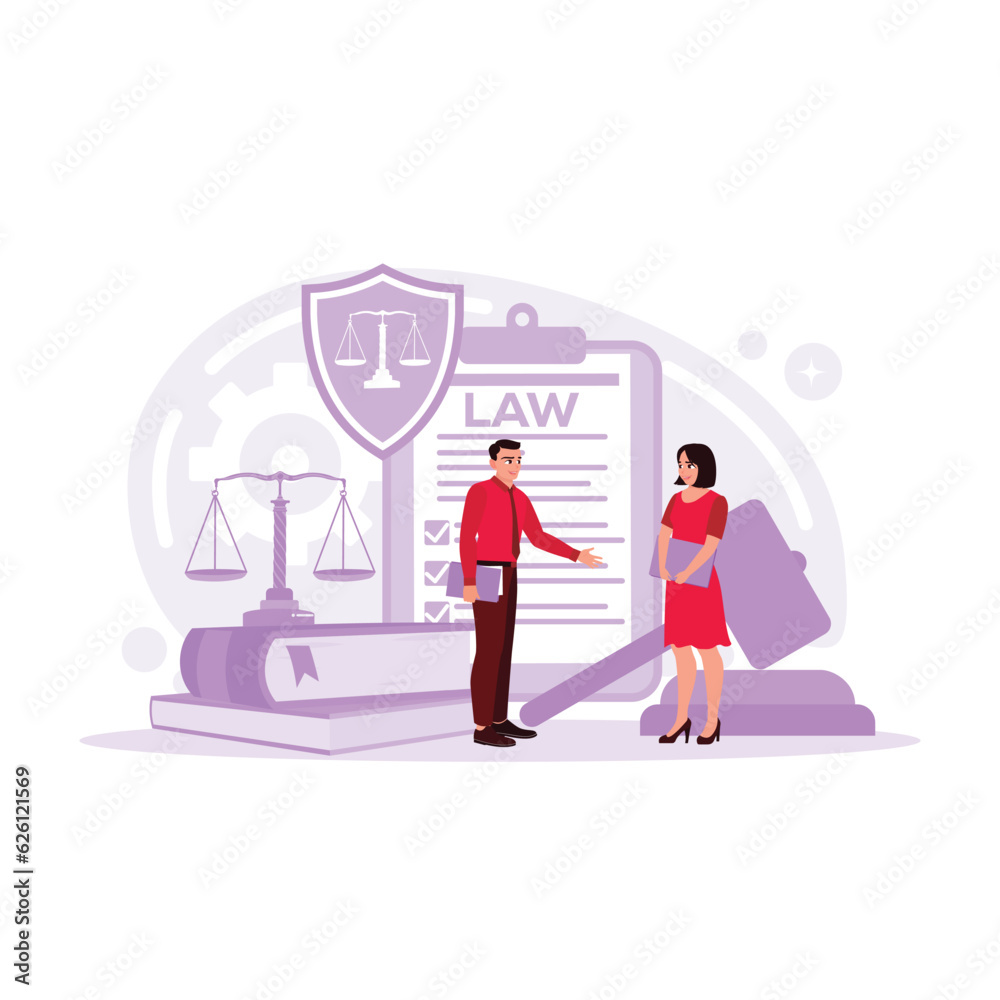 Scene of law and justice. Lawyer consultant client, judge knocking with a wooden gavel. Legal advice concept. Trend Modern vector flat illustration