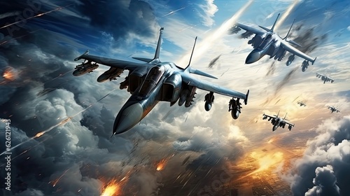 Sky Battle: Fighter Jets and Bomber Plane in Active Combat Zone