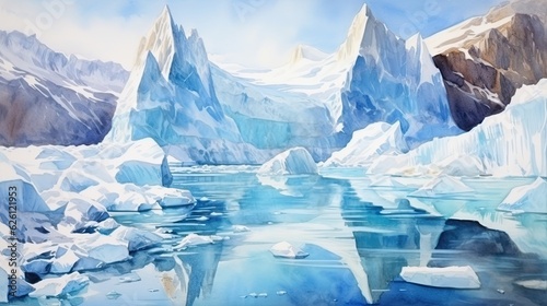 Frozen Majesty: Arctic Glacier and Iceberg Watercolor