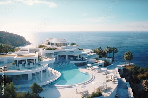 White Mediterranean Modern and luxury Hotel lounge building architecture design concept, summer villa house residence and private with swimming pool and sea view, resort, with Generative Ai. © TANATPON