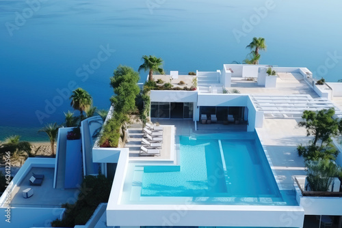 White Mediterranean Modern and luxury Hotel lounge building architecture design concept, summer villa house residence and private with swimming pool and sea view, resort, with Generative Ai.