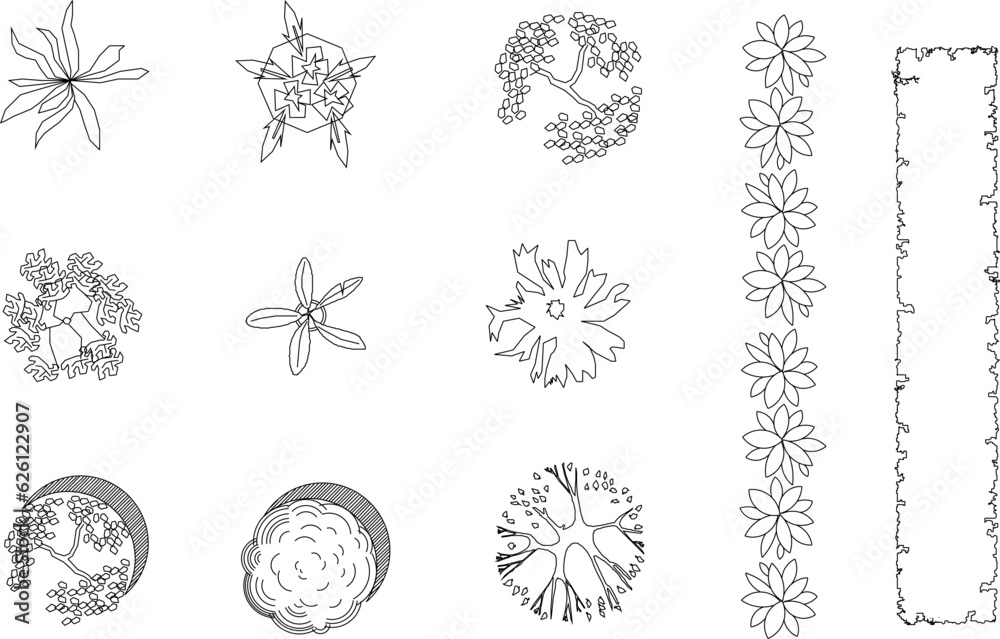 Vector sketch illustration of plant and tree view symbol design for garden fittings seen from above