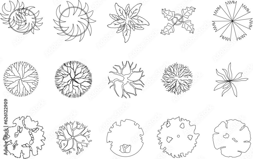 Vector sketch illustration of plant and tree view symbol design for garden fittings seen from above