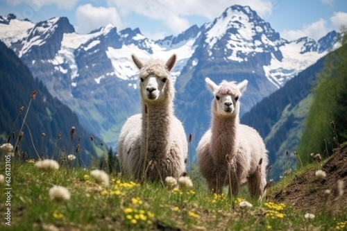 Alpacas graze in the mountains meadow