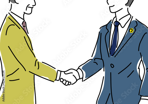 握手する男性と男性弁護士のシンプル線画イラスト(顔無し)
