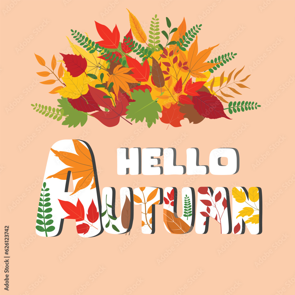 Hello autumn vector. Autumn design template for decoration, sale banner, advertisement, greeting card and media content. Autumn element illustration. Autumn leaves flat vector isolated on white. Hello autumn vector. Autumn design template for decoration, sale banner, advertisement, greeting card and media content. Autumn element illustration. Autumn leaves flat vector isolated on white.