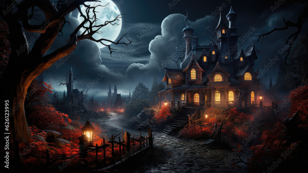 Spooky Halloween House Landscape with Moon, Generative AI