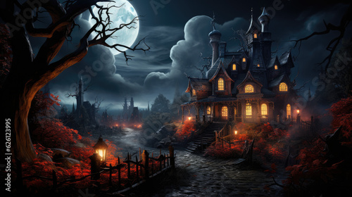 Spooky Halloween House Landscape with Moon, Generative AI © coreyfrey