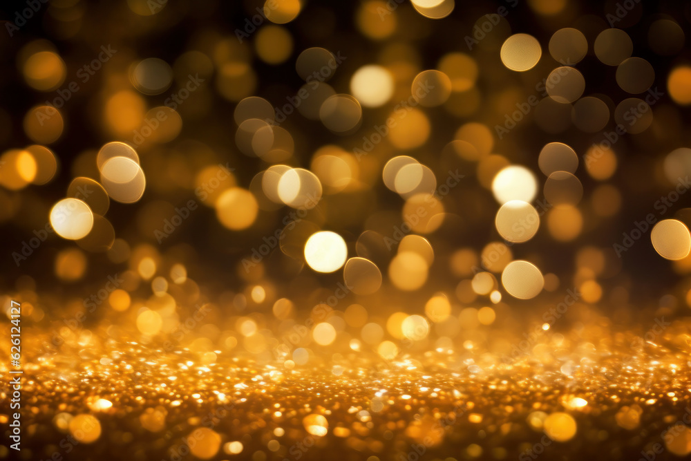 Background with falling golden glitter particles. Falling gold confetti with magic light. Beautiful light Generative AI