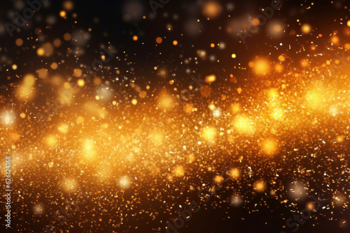 Background with falling golden glitter particles. Falling gold confetti with magic light. Beautiful light Generative AI