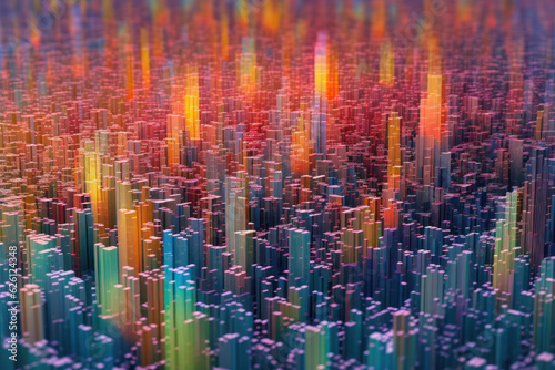 High tech data network color grids over miniature cityscape with cinematic coloring created with Generative AI technology