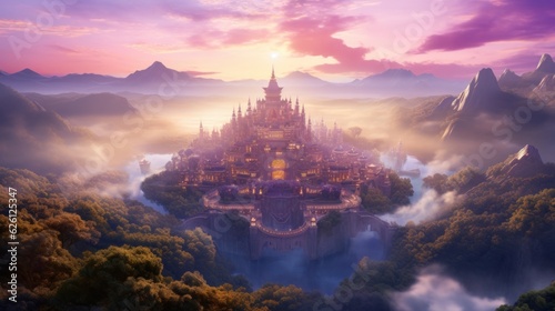 Fairy-tale palaces of a fantasy city in the rays of a lilac dawn somewhere in the mountains. AI generation  © Olmyntay