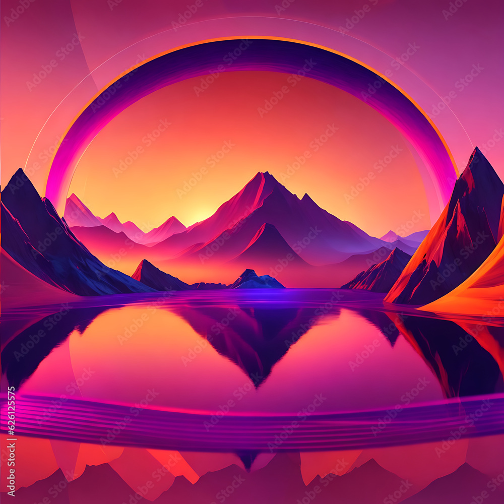 3d render. Abstract wallpaper with sunset or sunrise and round geometric shape. Mystic landscape with mountains, water and glowing neon ring