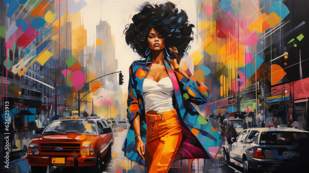 Black woman walking in the middle of traffic. Model with afro hairstyle ...