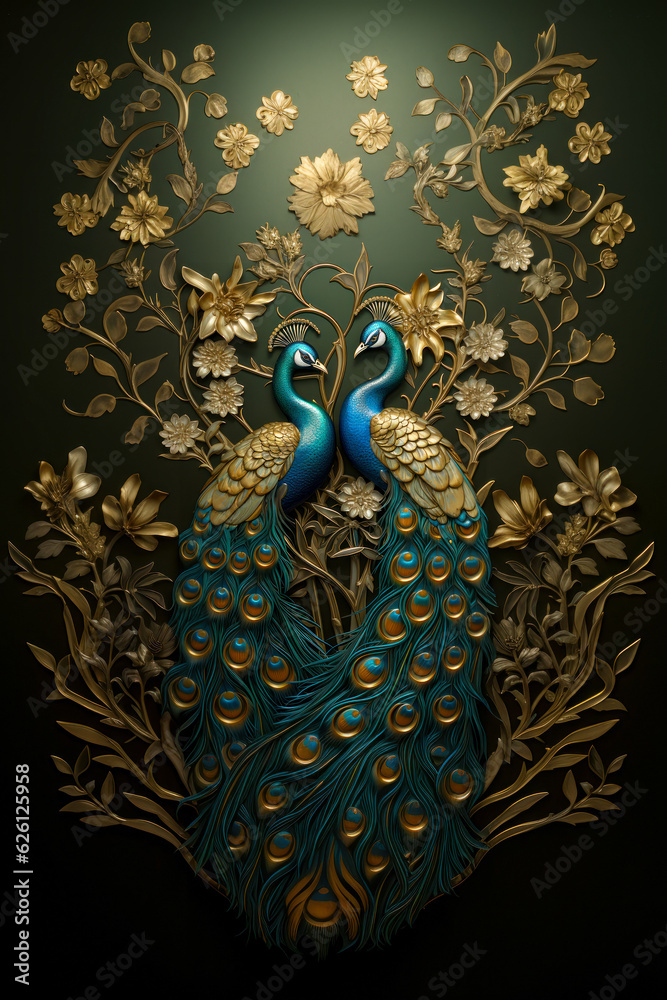 An art nouveau style carving two golden peacock. Golden Peacock oriental luxury style