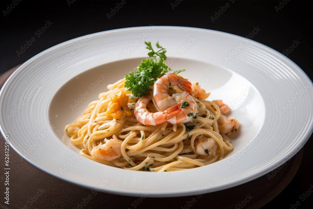 A plate of spaghetti with prawn generative AI