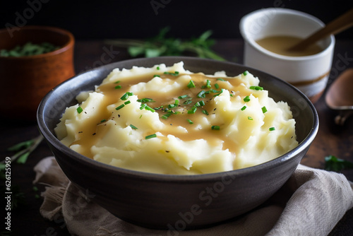 Fényképezés A bowl of mashed potatoes with gravy generative AI