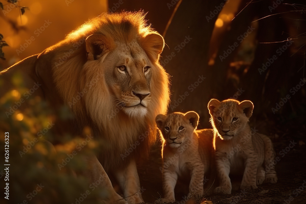 Male lion with two cubs in wild nature
