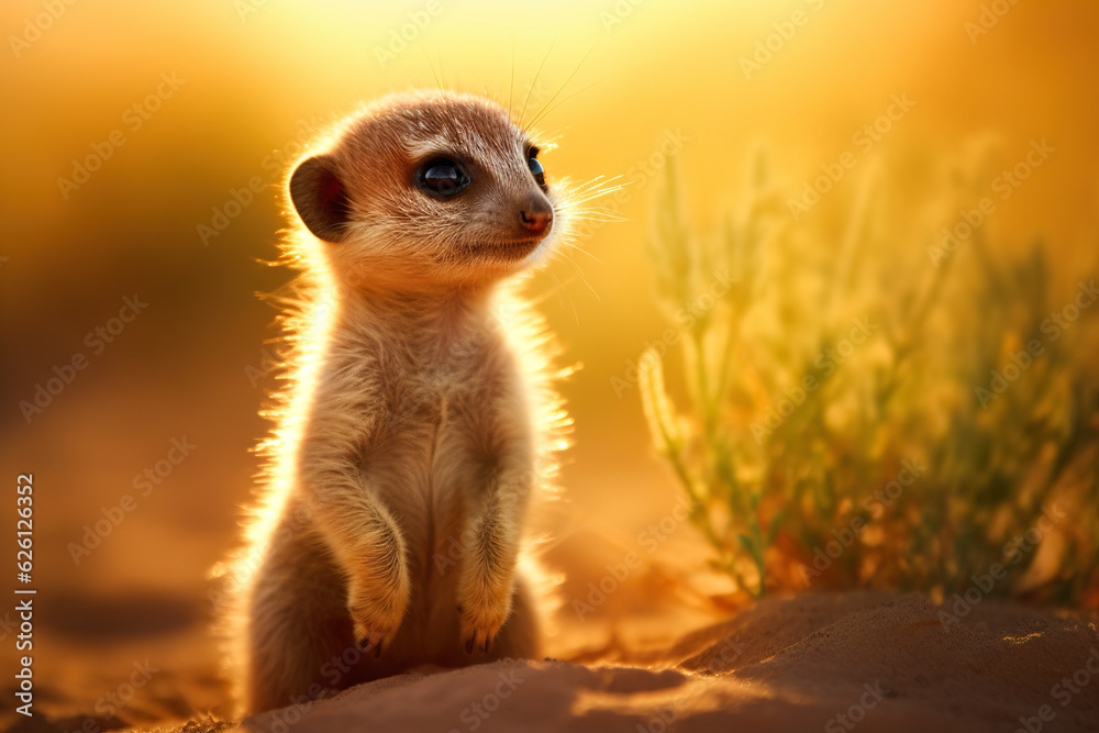 Fototapeta premium Meerkat cub standing on a sand