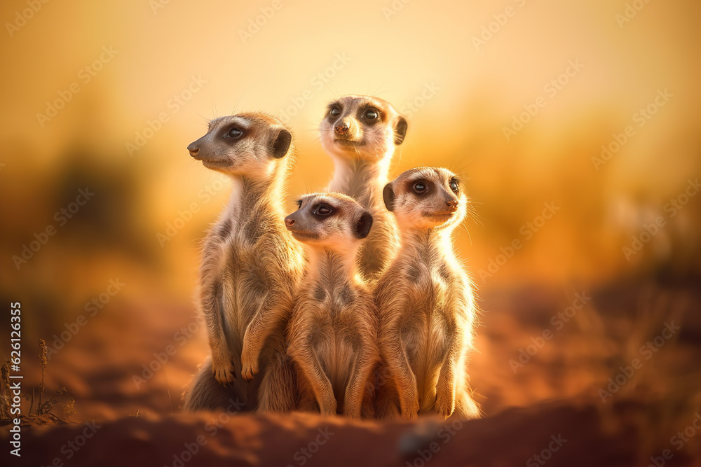 Meerkat famile standing on a sand and looking around Meerkat famile standing on a sand and looking around