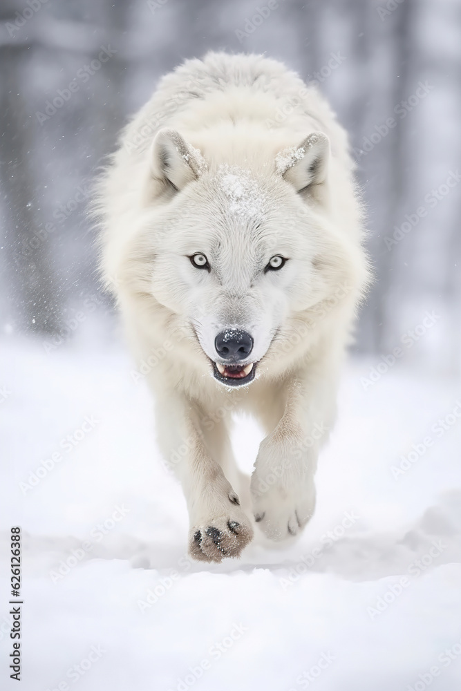 White polar wolf in winter forest White polar wolf in winter forest