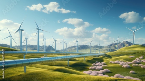 Hydrogen pipeline transformation of sustainable energy towards ecology in rural landscape background scene. Carbon neutral power plant. Resources to replace natural gas gasoline. Generative AI
