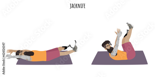 Man with a prosthetic leg and hand doing jacknife