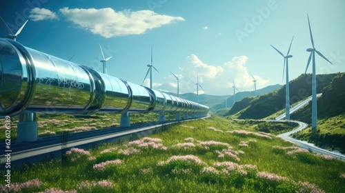 Hydrogen pipeline transformation of sustainable energy towards ecology in rural landscape background scene. Carbon neutral power plant. Resources to replace natural gas gasoline. Generative AI