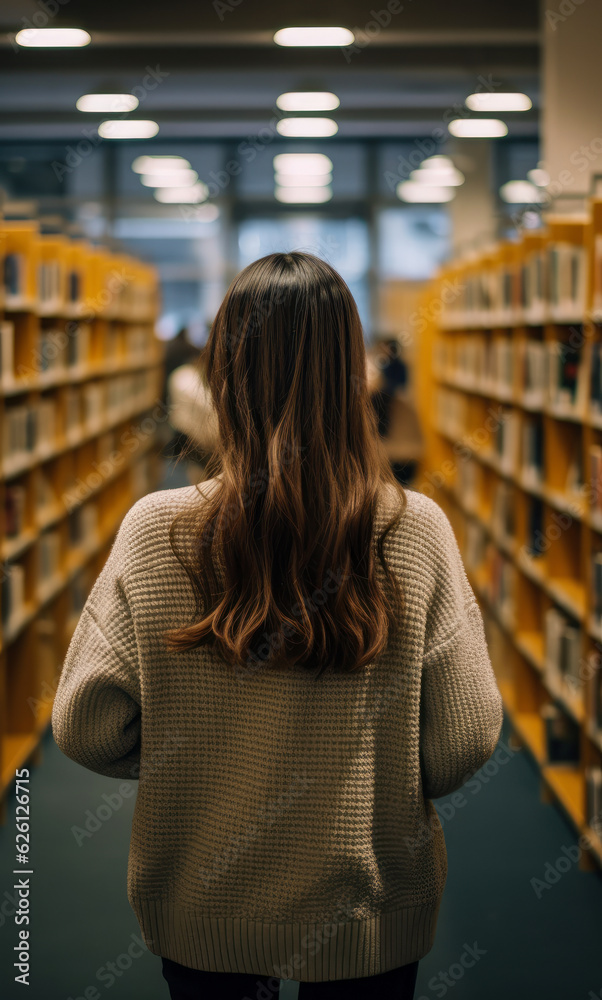 Girl from behind walking through the shelves of a library. Woman walking between book shelves in library, (rear view) Girl from behind walking through the shelves of a library. Woman walking between book shelves in library, (rear view)