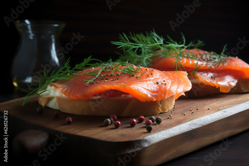 Slice of bread with smoked salmon generative AI