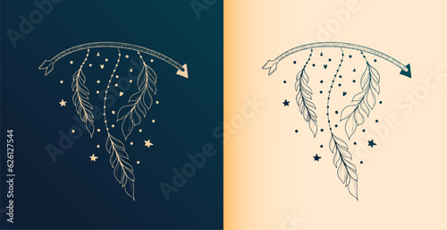set of decorative bohemian arrow and feather banner in line art