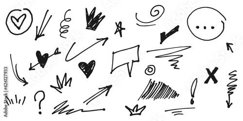 Doodle collection cartoon expression effects. Hand drawn infographic emphasis elements. Arrows, heart, check list, stars and scribble. vector illustration