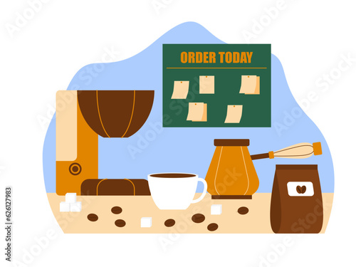 Coffee shop vector illistration. Coffee shop flat illustration. City cafe. Summer urban spring landscape. Flat design concept.
