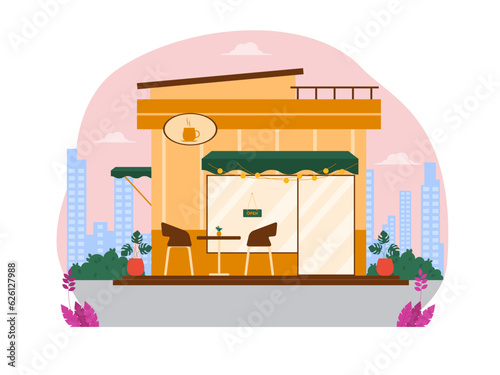 Coffee shop vector illistration. Coffee shop flat illustration. City cafe. Summer urban spring landscape. Flat design concept.