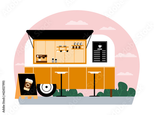 Coffee shop vector illistration. Coffee shop flat illustration. City cafe. Summer urban spring landscape. Flat design concept.