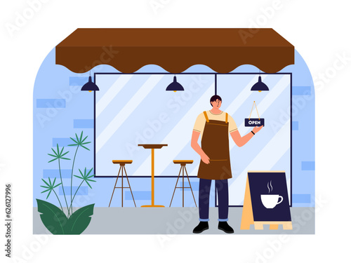 Coffee shop vector illistration. Coffee shop flat illustration. City cafe. Summer urban spring landscape. Flat design concept.