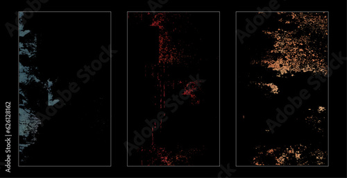 Abstract colorful dirty or scratch aging effect set. Overlay textures set stamp with grunge effect. Old damage Dirty grainy and scratches. Set of different distressed black texture. dust template set.