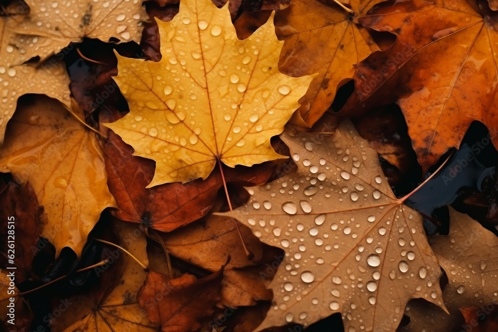 Close up of fallen leaves on ground in autumn covered in raindrops. created generative ai. Close up of fallen leaves on ground in autumn covered in raindrops. created generative ai.