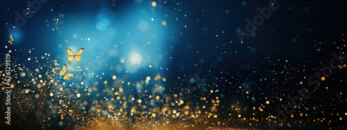 Blue background with blurred golden lights and butterflies