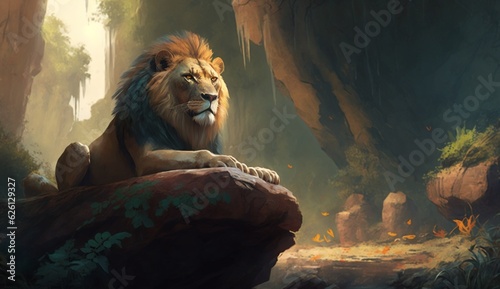 A painting of a lion sitting on a rock in a jungle Ai Generative