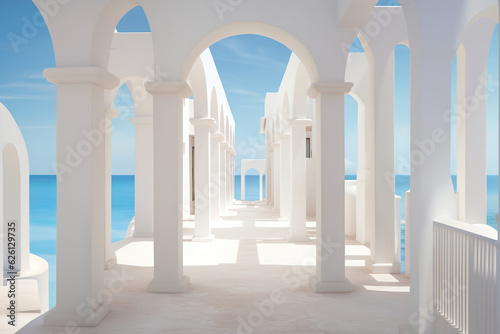 A white columns is surrounded by blue sea and sky