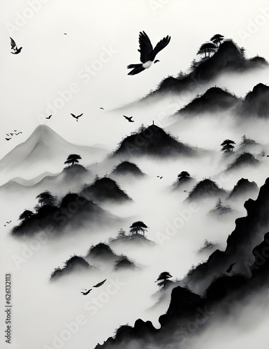 the splendid mountains layers with fog , birds and tree