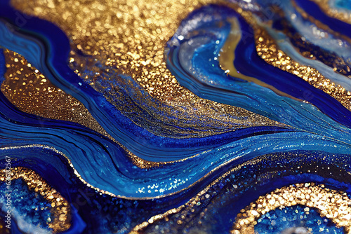 Blue and golden acrylic liquid ink swirl abstract background with ravishing turbulence wavy pattern and detailed texture. Luxury fluid liquid art by Generative AI.