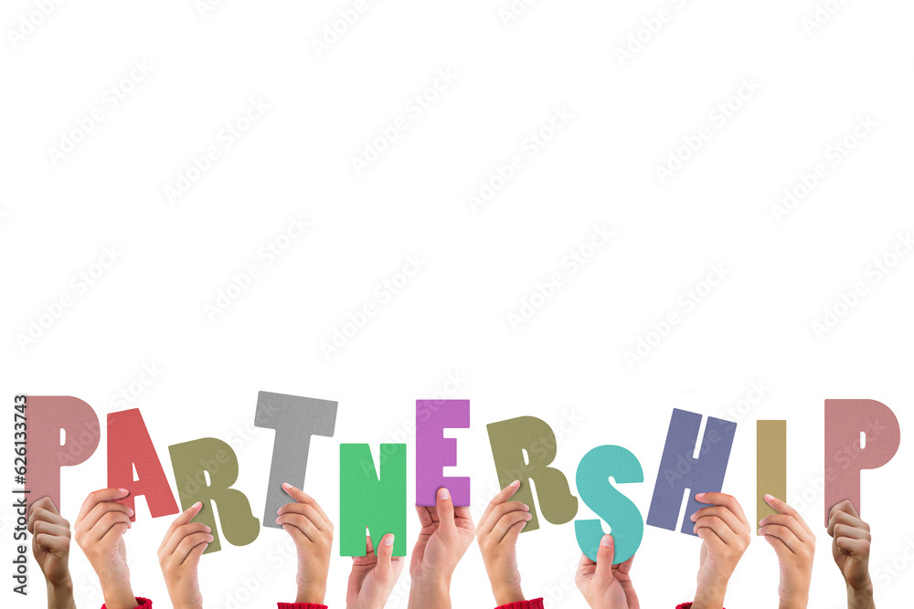 Digital png illustration of hand with partnership text on transparent background Digital png illustration of hand with partnership text on transparent background