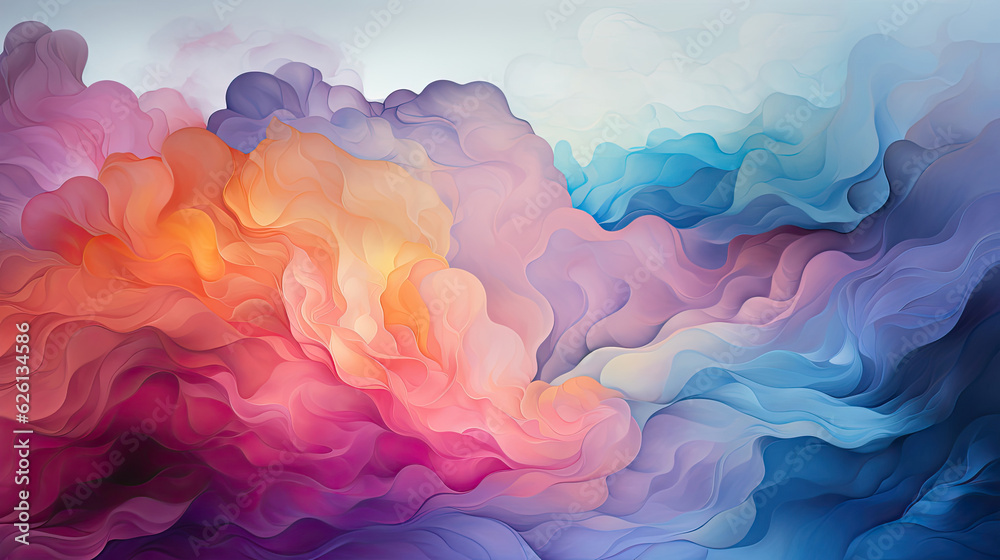 Aerial landscape inspired abstract background using soft gradients of pastel colors, with elements like rolling hills, winding rivers, and fluffy clouds.